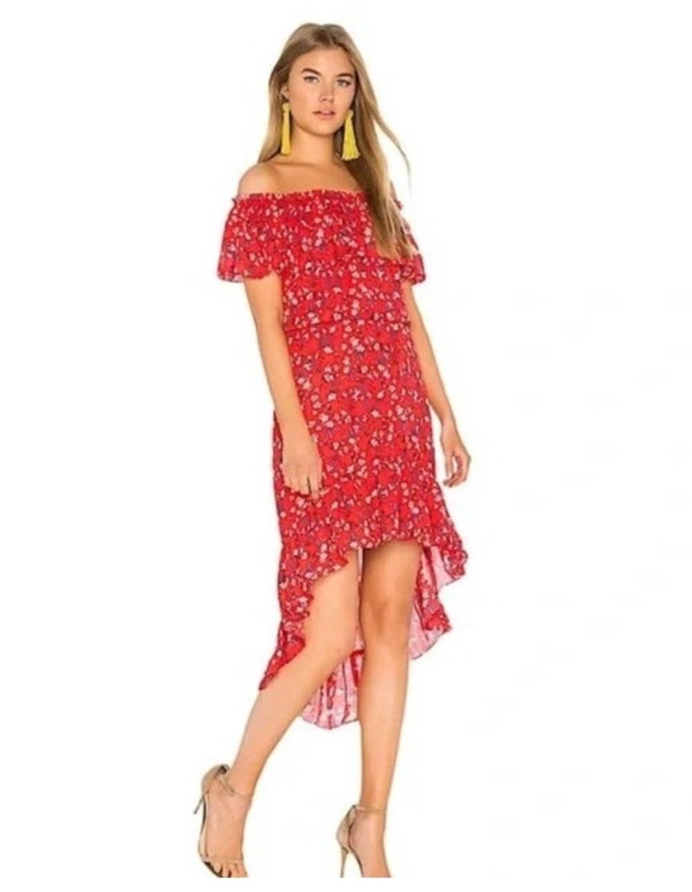 REVOLVE DEVLIN CARRIE OFF/ON SHOULDER HI/LO RED DITSY DRESS SIZE SMALL